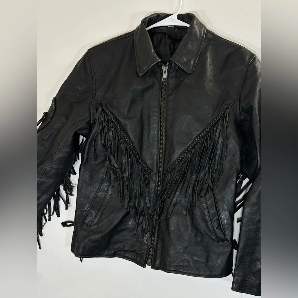 Fringed Black Leather Motorcycle Jacket Vintage Biker Women Medium 1990s Western - Picture 14 of 15